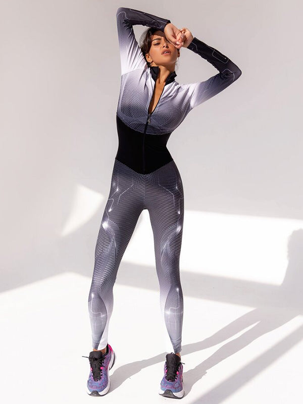 Gradient Printed Long Sleeves Split-Joint Sports Jumpsuits