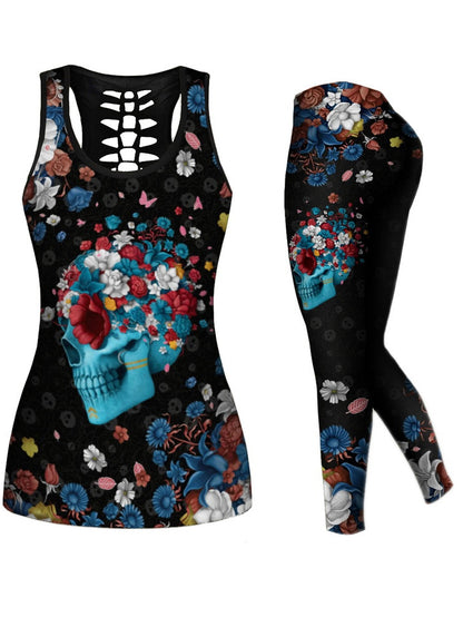 Skull Printed Hollowed Vest&Leggings Sports Suits