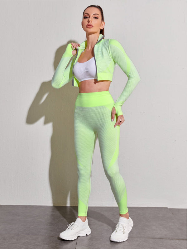 Fluorescent Long Sleeve Zipper Slim Yoga Athletic Suit