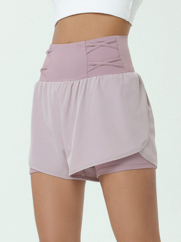 False Two Loose High-Waisted Pockets Solid Color Shorts