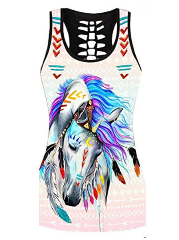 Horse Printed Breathable Hollowed Vest&Leggings Sports Suits