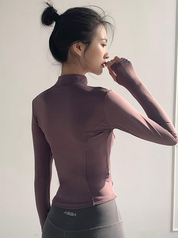 Long Sleeves Skinny Solid Color Zipper Stand Collar Yoga Tops