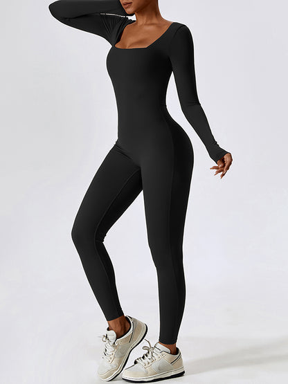 Long Sleeves Skinny Solid Color Square-Neck Yoga Jumpsuits