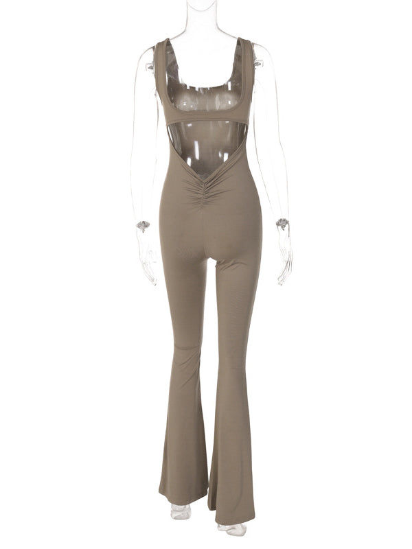 Backless Hollow Solid Color Flared U-Neck Jumpsuits