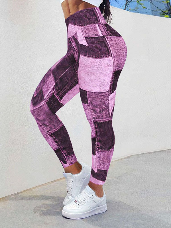 Skinny Contrast Color High-Waisted Plaid Printed Leggings