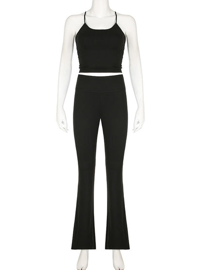 Skinny Back Cross Hollow Solid Color Spaghetti-Neck Tank&Pants Suits