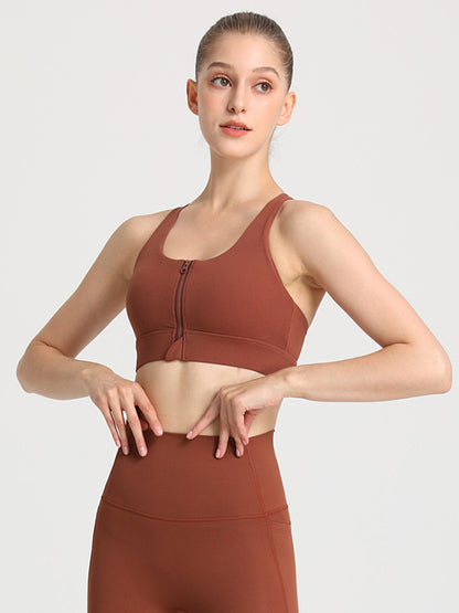 Skinny Wrap Solid Color Zipper Spaghetti-Neck Sports Bra