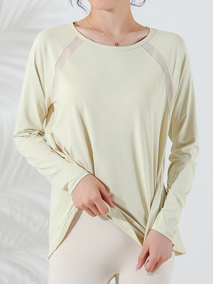 Long Sleeves Loose Hollow Solid Color Round-Neck Yoga Tops