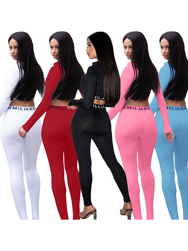 Solid Color Sexy Tight Zipper Midriff-Baring Sports Suit