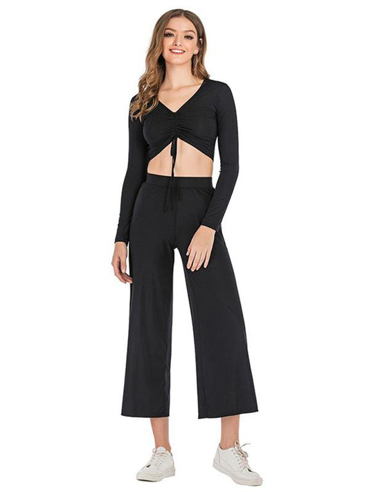 Solid Drawstring Long Sleeves Wide Leg Yoga Suits