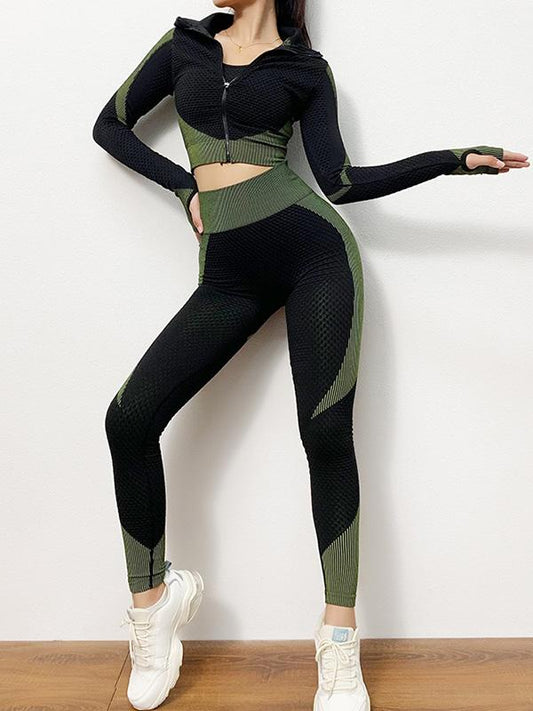 Contrast Color Zipper High-Waisted Three-Piece Sports Suits