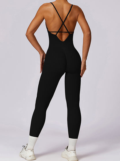 Skinny Wrap Back Cross Hollow Solid Color Spaghetti-Neck Jumpsuits