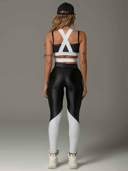 Contrast Color Cross Cutout Back Exposed Navel Yoga Suits