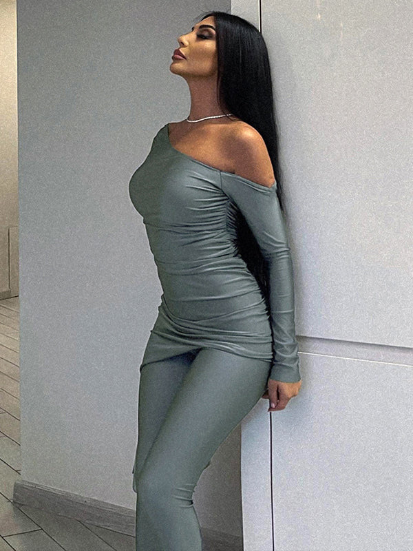 Skinny Wrap Hollow Pleated Solid Color One-Shoulder Shirts Tops&Pants Suits