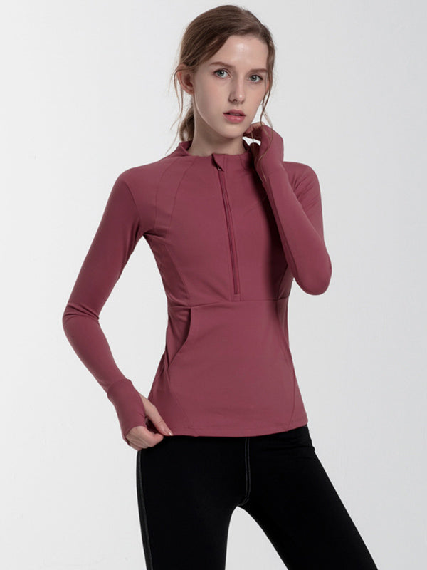 Solid Color Breathable Quick-Dry Zipper Collar Long Sleeves Wrap Sport Tee