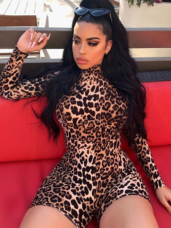 Long Sleeves Leopard Tiger Skin Pattern Zipper High-Neck Rompers