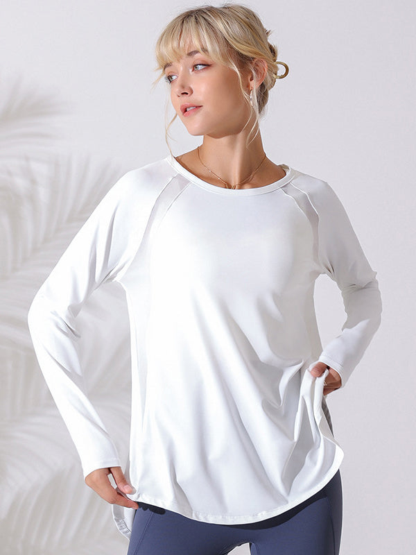 Long Sleeves Loose Hollow Solid Color Round-Neck Yoga Tops