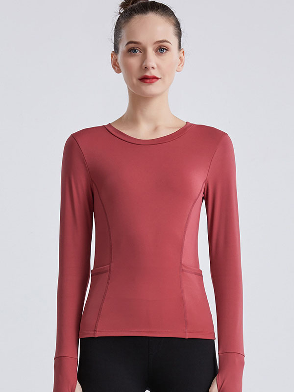 Long Sleeves Wrap Pockets Solid Color Round-Neck Yoga Tops