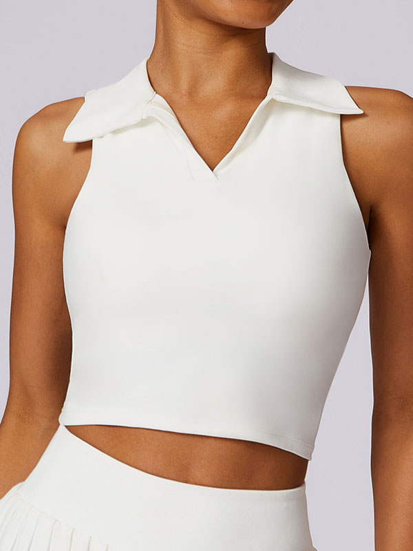 Cropped Sleeveless Solid Color Polo Tank