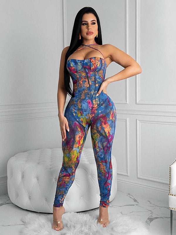 Denim Graffiti Print Lace Up Open Back Gym Jumpsuits