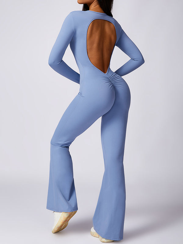 Flared Pants Backless Pleated Solid Color Round-Neck Jumpsuits