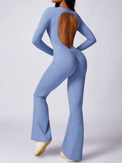 Flared Pants Backless Pleated Solid Color Round-Neck Jumpsuits