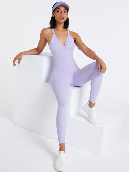 Lulu Solid Color Button Fitness Jumpsuit