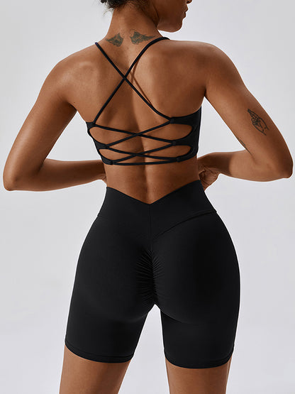 Back Cross Hollow Solid Color Spaghetti-Neck Sports Bra