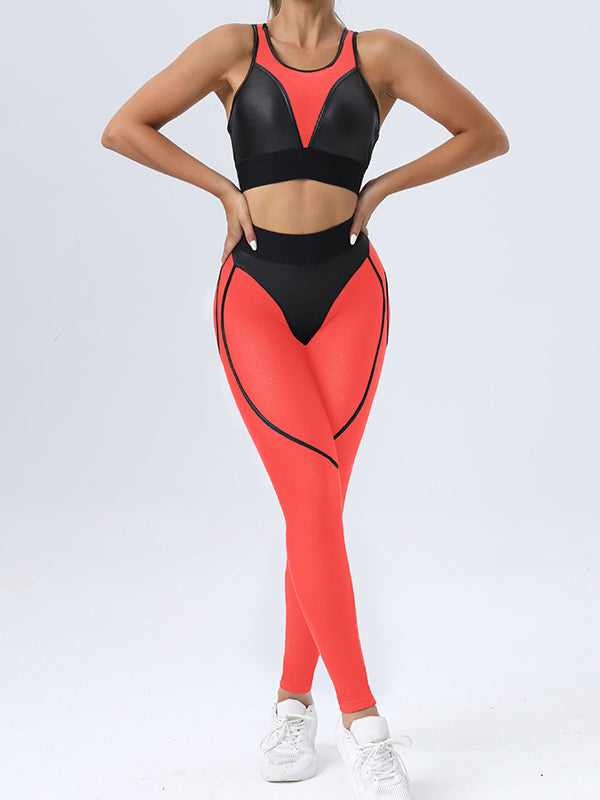 Skinny Wrap Contrast Color Spaghetti-Neck Sports Bra&Leggings Suits