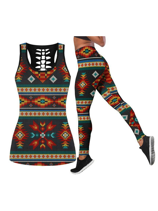 Geometric Printed Breathable Hollowed Vest&Leggings Sports Suits