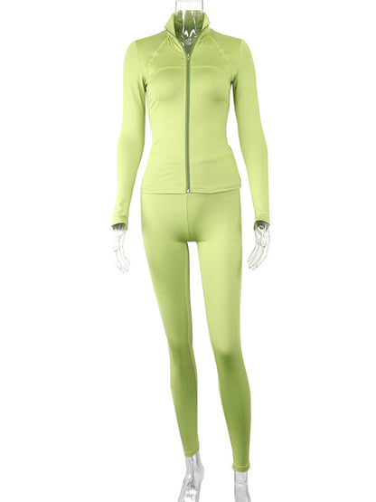 Solid Color Zipper Collar Jackets&Leggings Breathable Sport Suits