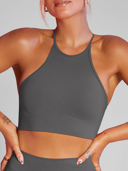 Skinny Wrap Hollow Sports Bra Solid Color Spaghetti-Neck Tank