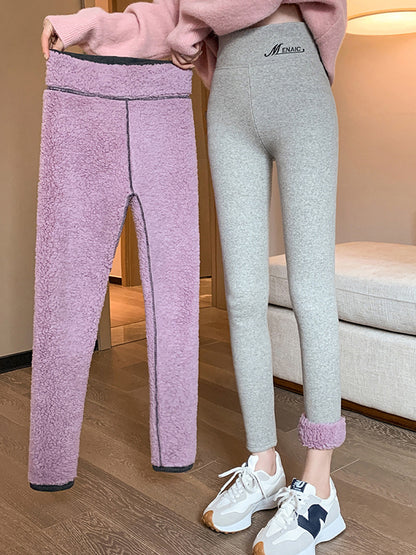 Casual Warm With Velvet Solid Color Skinny Leggings