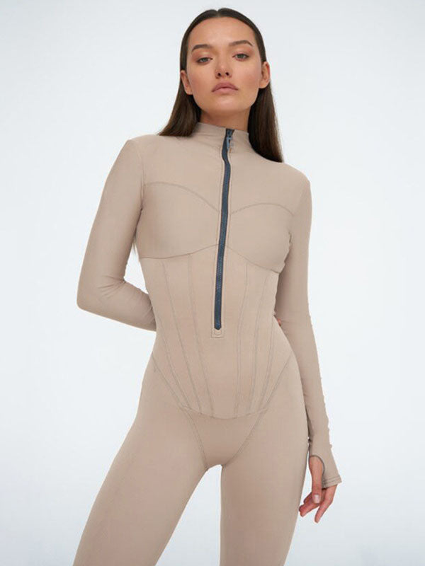 Long Sleeves Skinny Solid Color Zipper Stand Collar Jumpsuits