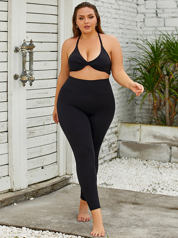 Hollow Solid Color Deep V-Neck Sports Bra&Leggings Suits