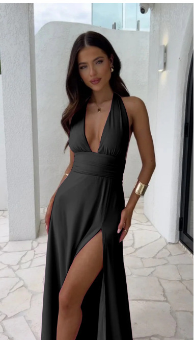2024ss sexy deep V split solid color dress