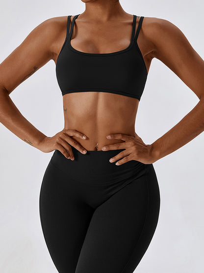 Wrap Back Cross Hollow Solid Color Spaghetti-Neck Sports Bra