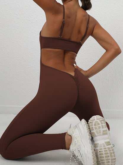 Wrap Hollow Solid Color Spaghetti-Neck Yoga Jumpsuits