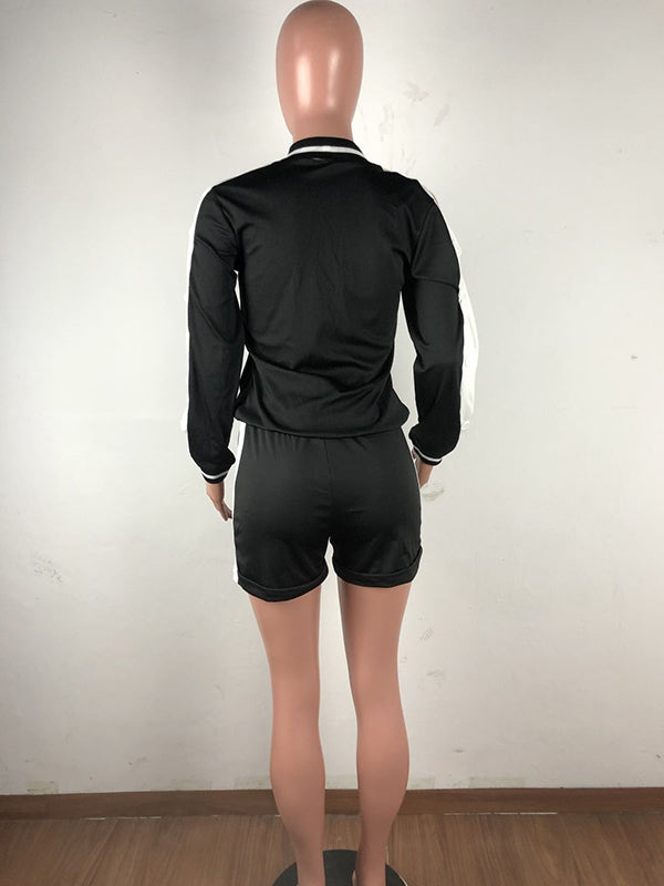 Rib Stitching Long Sleeve Zipper Shorts Sport Suit