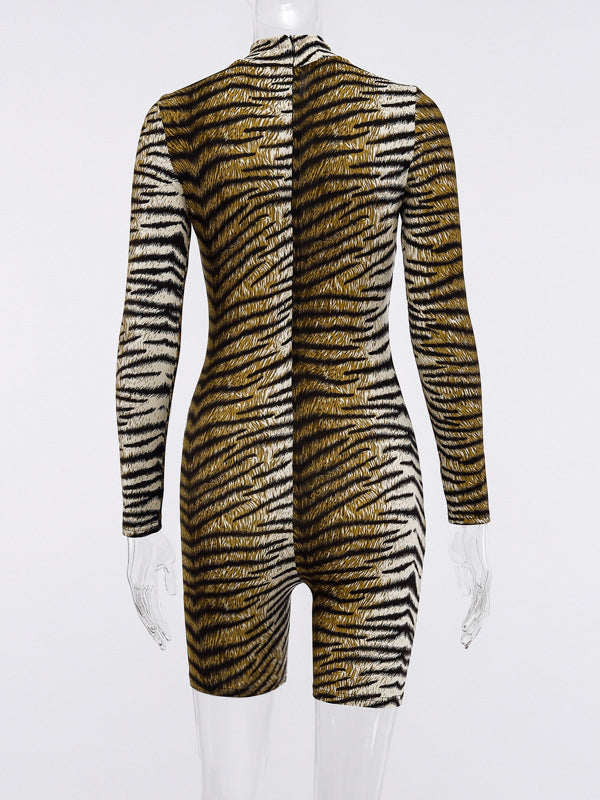 Long Sleeves Leopard Tiger Skin Pattern Zipper High-Neck Rompers