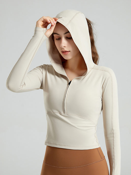 Long Sleeves Wrap Hood Solid Color Zipper V-Neck Yoga Tops