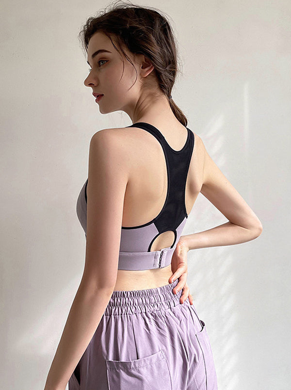 Color-Block Hollow Printed Wrap Spaghetti-Neck Sports Bra