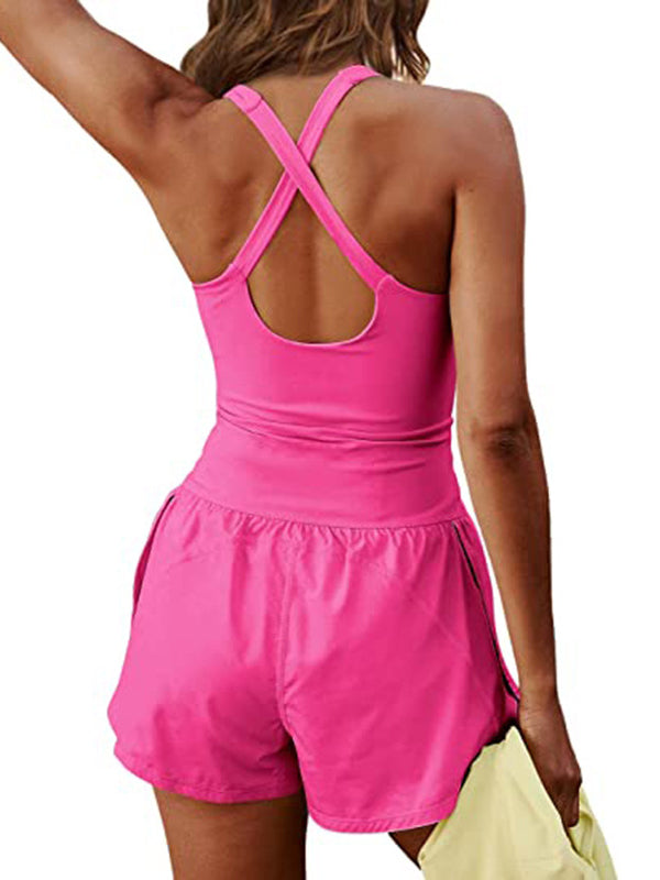 Wrap Back Cross Hollow Solid Color U-Neck Rompers