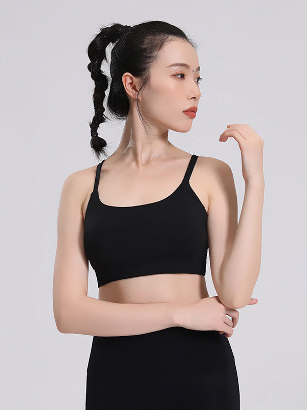 Skinny Wrap Hollow Solid Color V-Back Spaghetti-Neck Sports Bra