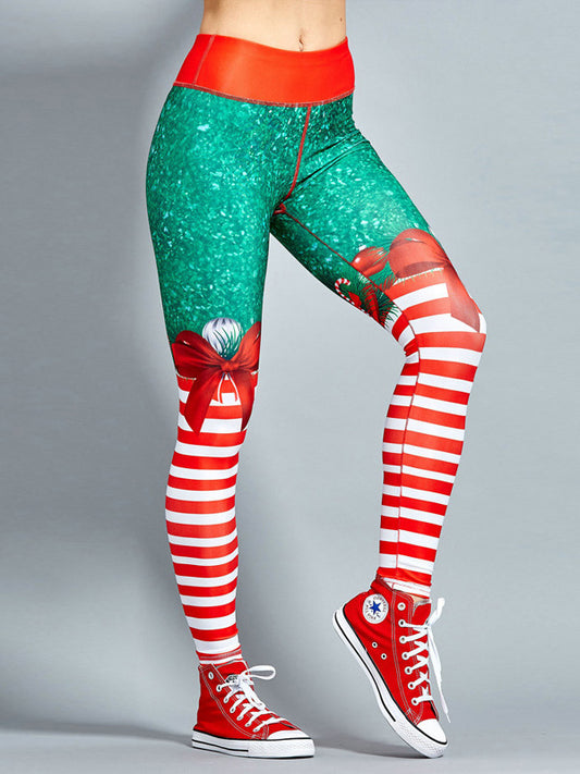 Christmas&Bowknot Print Breathable Wrap Sports Leggings