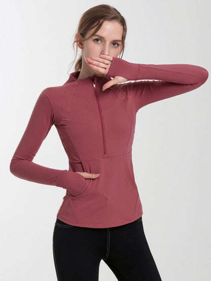 Long Sleeves Skinny Pockets Solid Color Zipper Yoga Tops