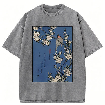 Japanese Bird And Wood Painting Washed T-shirt