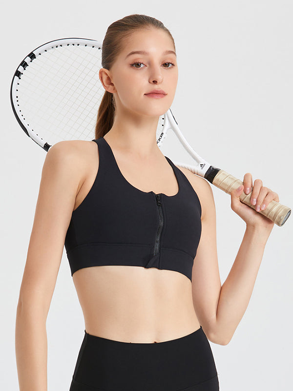 Skinny Wrap Solid Color Zipper Spaghetti-Neck Sports Bra