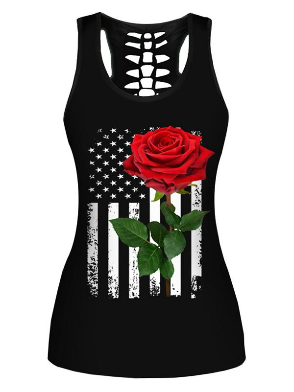 Printed Roses Hollowed Vest&Leggings Sports Suits