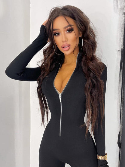 Long Sleeves Skinny Solid Color Zipper Round-Neck Jumpsuits